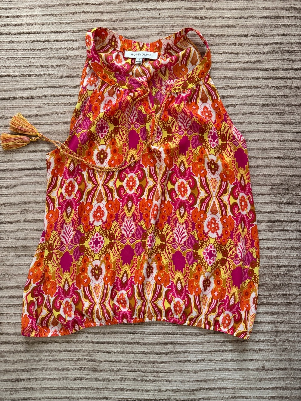 Rose & Olive Pink & Orange Floral Halter Camisole with Tassel Tie